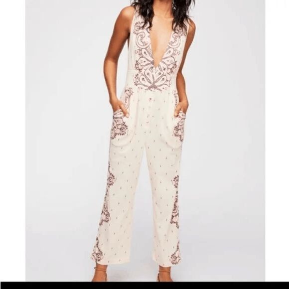 Free People Setting Sun Ivory Pink Purple Paisley Jumpsuit Large - Picture 1 of 12